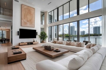 Fototapeta premium Modern minimalist living room large white sectional sofa