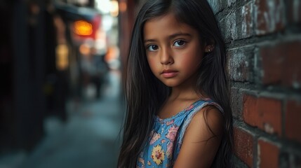 Portrait of a young girl with long hair standing against a brick wall in an urban setting with soft lighting and a contemplative expression.