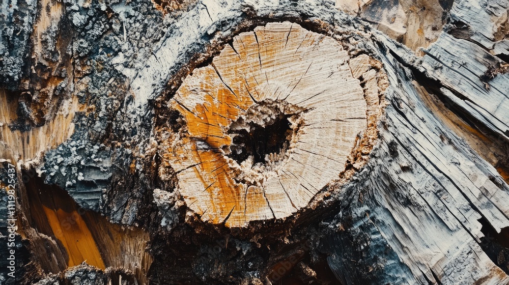 Aufkleber closeup view of a freshly cut log end showcasing natural wood textures and patterns in a rustic sett