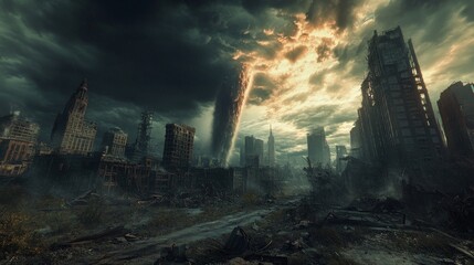 Fototapeta premium Post apocalyptic cityscape with a towering tornado tearing through abandoned, crumbling skyscrapers 