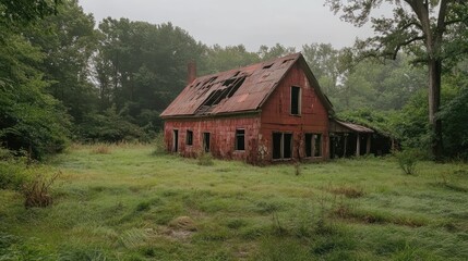 Abandoned cattle farm with rustic barn surrounded by overgrown grass and trees in a tranquil rural setting.