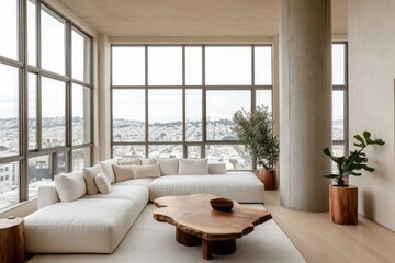 Fototapeta premium Modern minimalist living room large white sectional sofa
