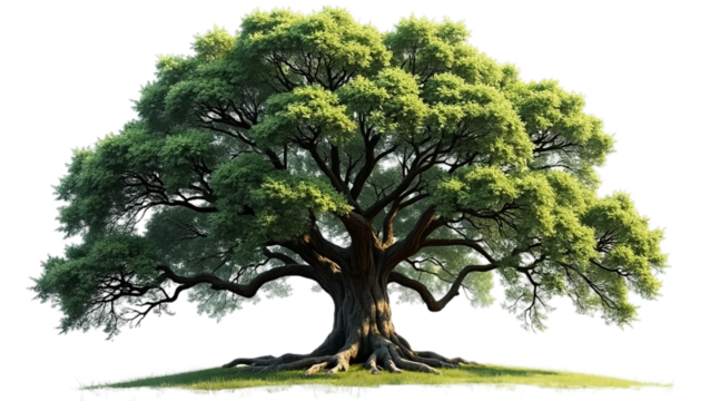 Large majestic oak tree isolated on white background