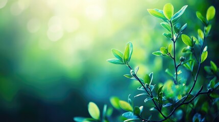 Obraz premium Spring awakening in a forest with budding shrub branches and fresh green leaves illuminated by soft sunlight and a blurred background.
