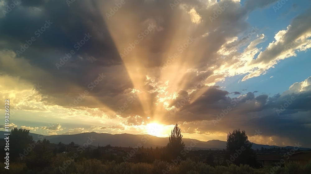 Poster dramatic cloudy sky with sun rays breaking through creating a feeling of hope and optimism against a