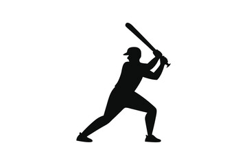 A silhouette of a man playing cricket with a bat, rendered as black vector art illustration.