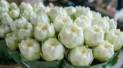 Fototapeta premium Fresh white lotus bouquets symbolizing respect and purity for worship, prayer, or meditation in a serene cultural setting.