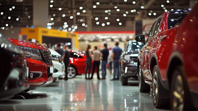 Shoppers engage actively as they browse through numerous vehicles.