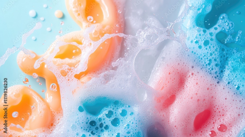 Poster colorful detergent bubbles with splashes on a blue background creating a vibrant and refreshing clea