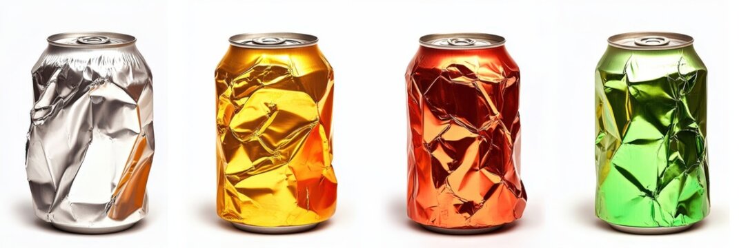 A collection of crushed energy drink soda cans in various shapes.