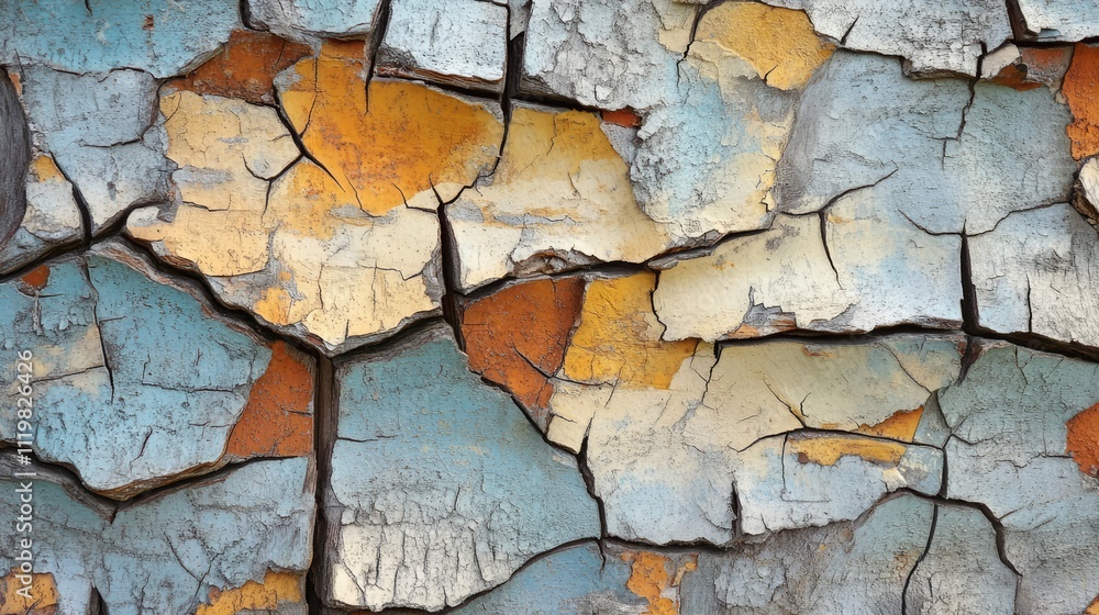 Poster weathered cracked paint texture on aged pine boards with peeling layers creating a rustic and vintag