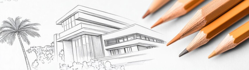Obraz premium Architectural sketch of modern house design with pencils.