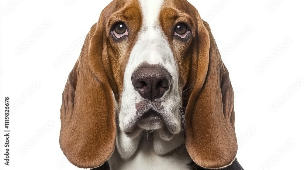 Poster basset hound portrait displaying distinct features against a bright white background highlighting it