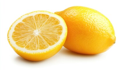 Fresh yellow lemon whole and sliced showing juicy interior on bright white background for culinary and beverage use in food images.