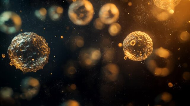 Small microscopic particles in a circular shape that can be seen under a laboratory microscope due to their size, microscopic particles that move slowly.