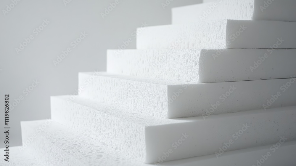 Poster angular perspective of white polyethylene foam blocks arranged in a staircase formation on a minimal