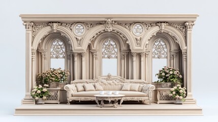 Elegant ornate classical alcove with sofa, plants, and coffee table.