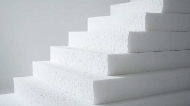 Angular perspective of white polyethylene foam blocks arranged in a staircase formation on a minimalist background.
