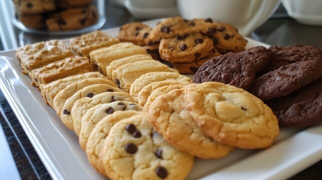 Assorted tea biscuits and chocolate chip cookies arranged on a platter for a delightful snack or dessert presentation
