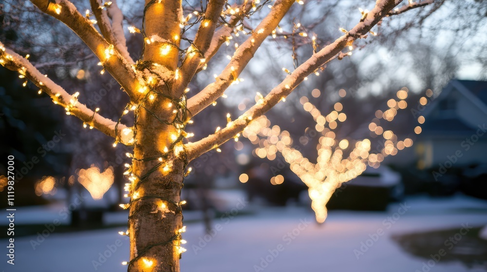 Poster illuminated winter trees adorned with festive lights creating a magical bokeh effect in a serene sno
