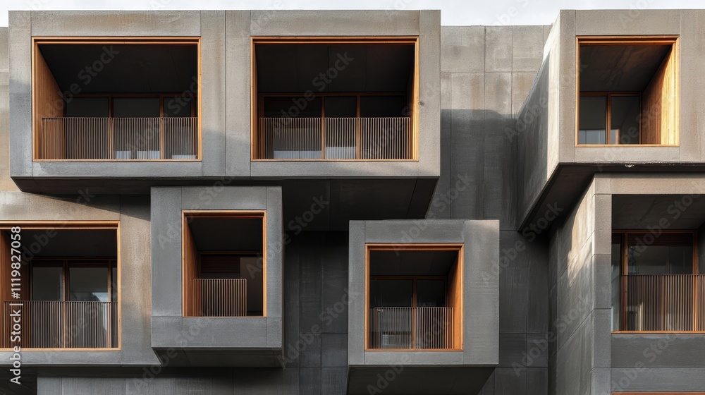 Poster modern architectural details of a multi-storey residential building facade with unique window design