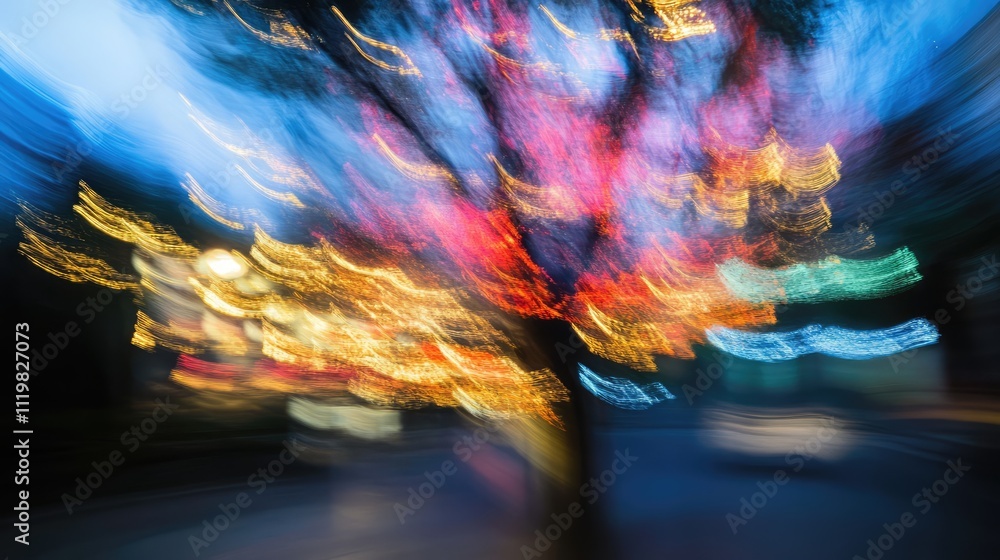 Poster blurred lights illuminating a colorful tree at dusk creating a vibrant and dreamy atmosphere in an o