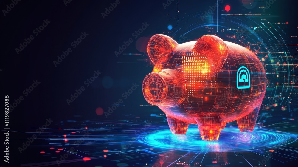 Poster digital piggy bank with futuristic design and secure interface