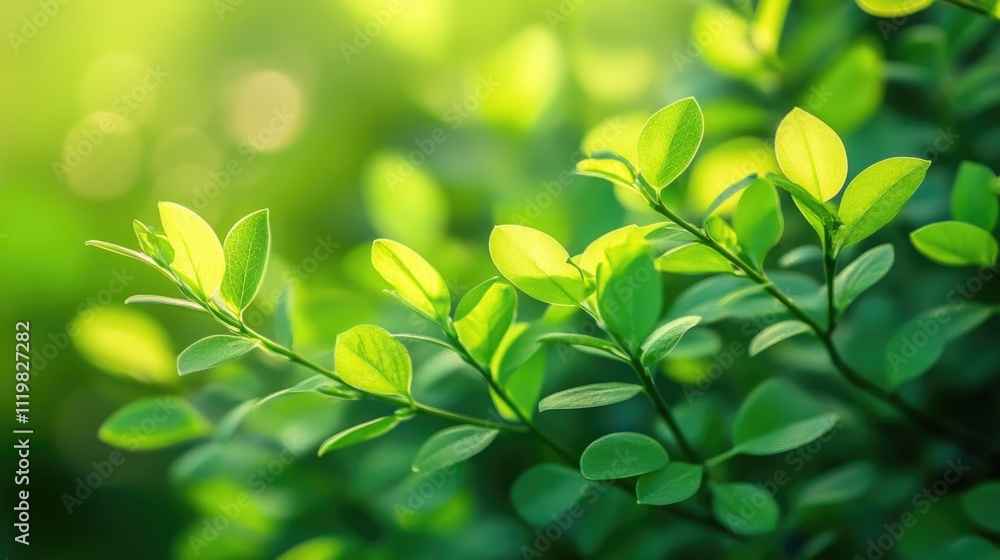Aufkleber bright green foliage in soft focus creating a serene bokeh background for spring or summer themed de