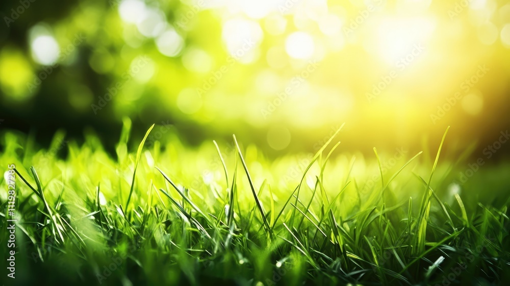 Poster abstract blurred textured background of fresh green grass with sunlight creating a calming and natur