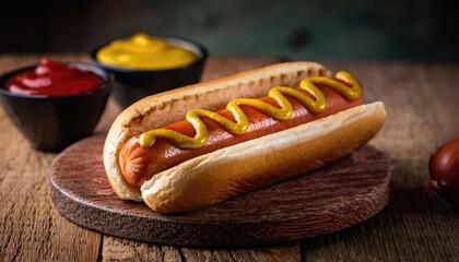 Barbecue Grilled Hot Dog with Yellow Mustard and ketchup on wooden table. Fast food