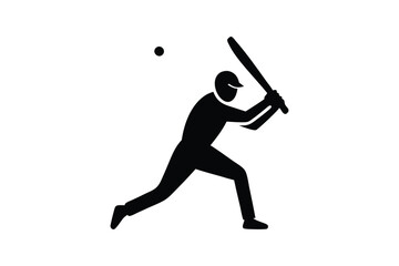 A silhouette of a man playing cricket with a bat, rendered as black vector art illustration.