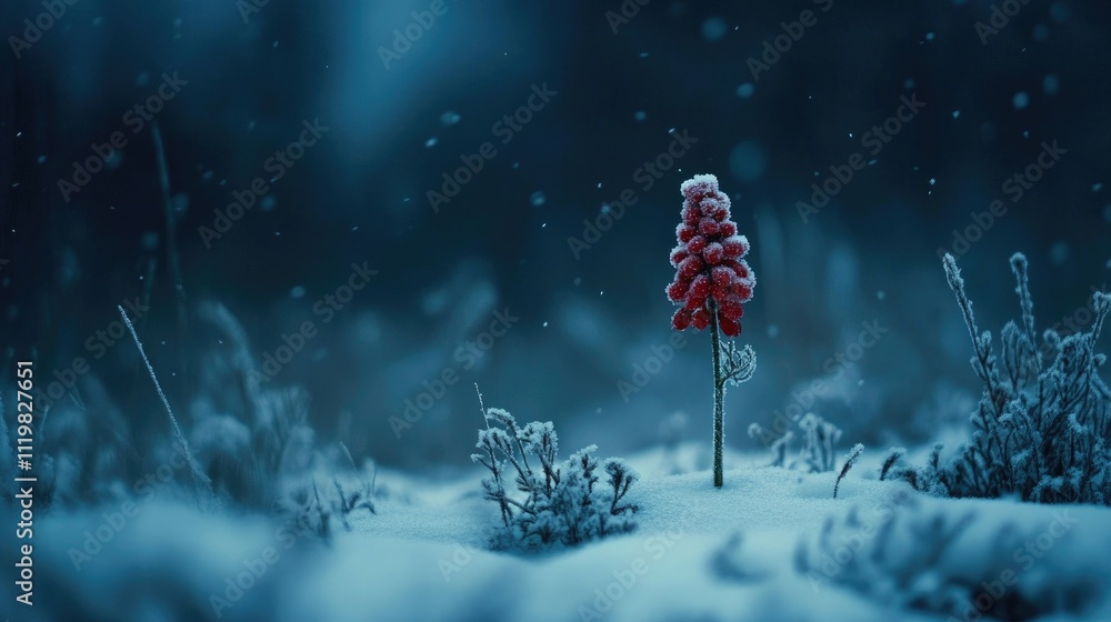 Poster red flower in snow-covered landscape with selective focus creating a serene winter atmosphere and so
