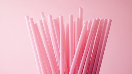 Biodegradable pink drinking straws arranged in a bunch on a soft pink backdrop showcasing eco-friendly party supplies