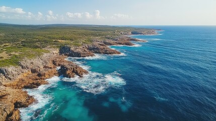 Obraz premium Aerial view of vibrant turquoise sea meeting rocky shoreline with foamy waves and lush green coastal landscape under bright blue sky