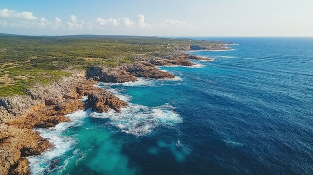 Aerial view of vibrant turquoise sea meeting rocky shoreline with foamy waves and lush green coastal landscape under bright blue sky