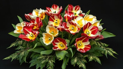 Vibrant bouquet of red yellow and white Single Early tulips Tulipa Tricolette featuring variegated foliage displayed at a spring exhibition