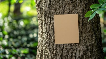 Blank brown paper sign on tree trunk symbolizing forest preservation and nature conservation efforts in a serene woodland setting.