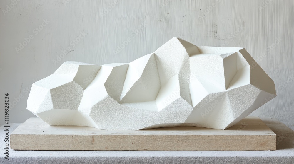 Poster abstract geometric sculpture of angular polyethylene foam displayed on a wooden base showcasing mini