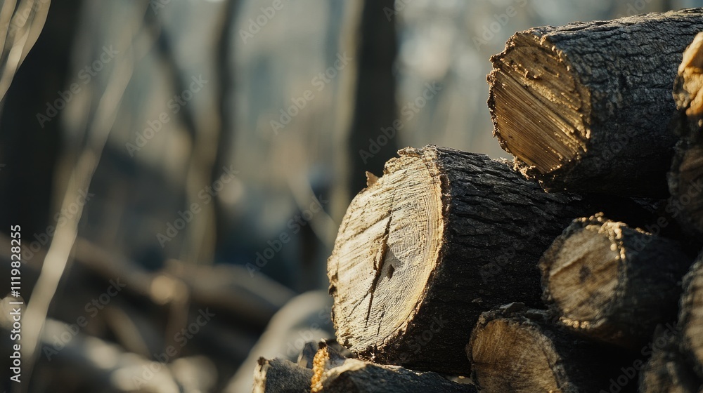 Poster closeup of cut log pile highlighting wood texture and natural hues in a forested setting with blurre