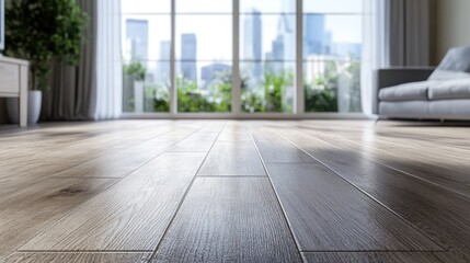 Modern vinyl wood-like flooring in a stylish living room with city view and natural light highlighting contemporary design elements