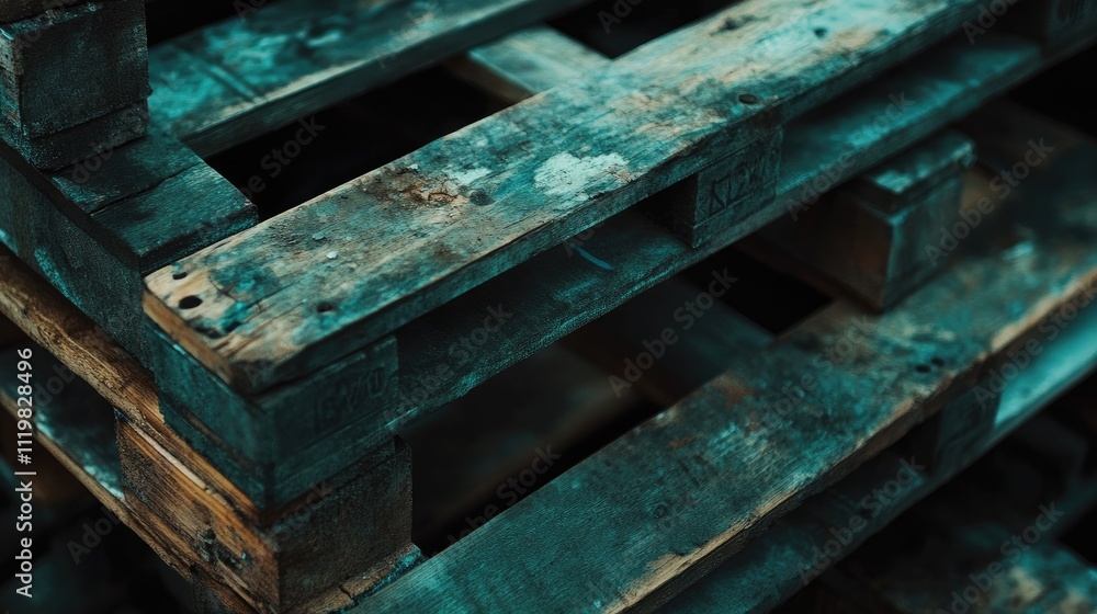 Poster close-up view of weathered wooden pallets showcasing texture and rustic charm in a stacked arrangeme