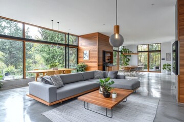 Modern minimalist living room open concept gray L-shaped sofa wooden coffee table