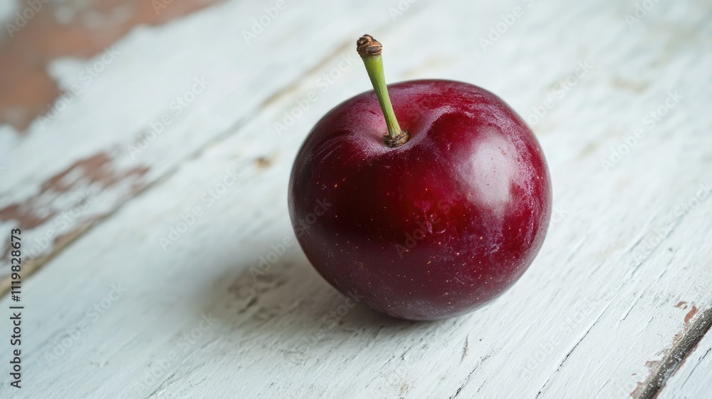 Poster garnet plum resting on rustic white wooden surface showcasing its rich color and smooth texture in n