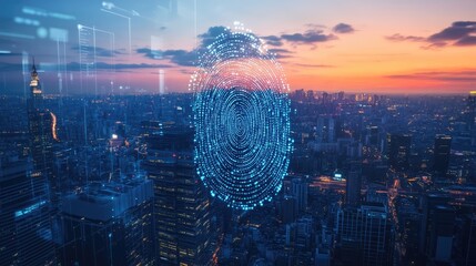 Holographic fingerprint overlaying city skyline at dusk with digital elements symbolizing cybersecurity and technology advancements