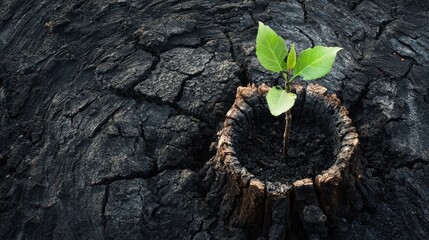 Resilient green sprout emerging from charred stump symbolizing nature's recovery after wildfire damage