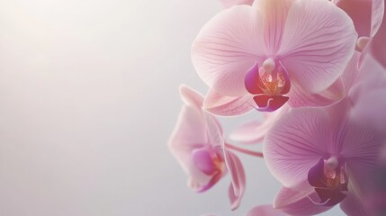 Elegant pink Phalaenopsis orchids in soft focus against a smooth white background highlighting their beauty and delicate features.