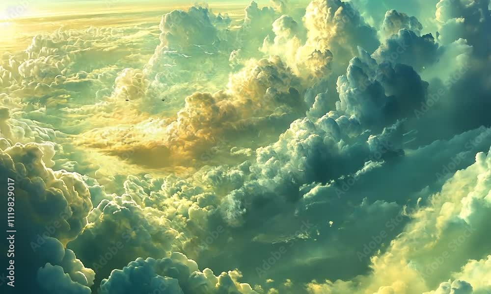 Aufkleber a serene view of fluffy clouds illuminated by soft sunlight, creating a tranquil atmosphere.