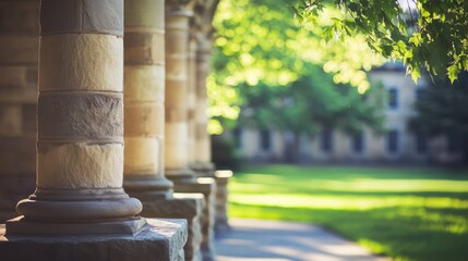 Blurred university campus scene featuring stone colonnades and lush greenery creating a tranquil bokeh effect in a sunny outdoor setting
