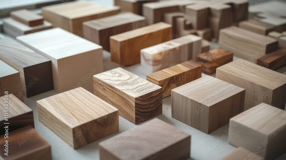 Poster selection of various wood blocks for material testing showcasing diverse textures and colors in a cr