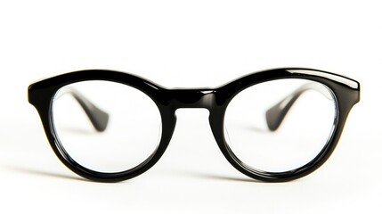 Fototapeta premium Black round transparent frame eyeglasses for reading or vision enhancement on a plain white background in a front view display.